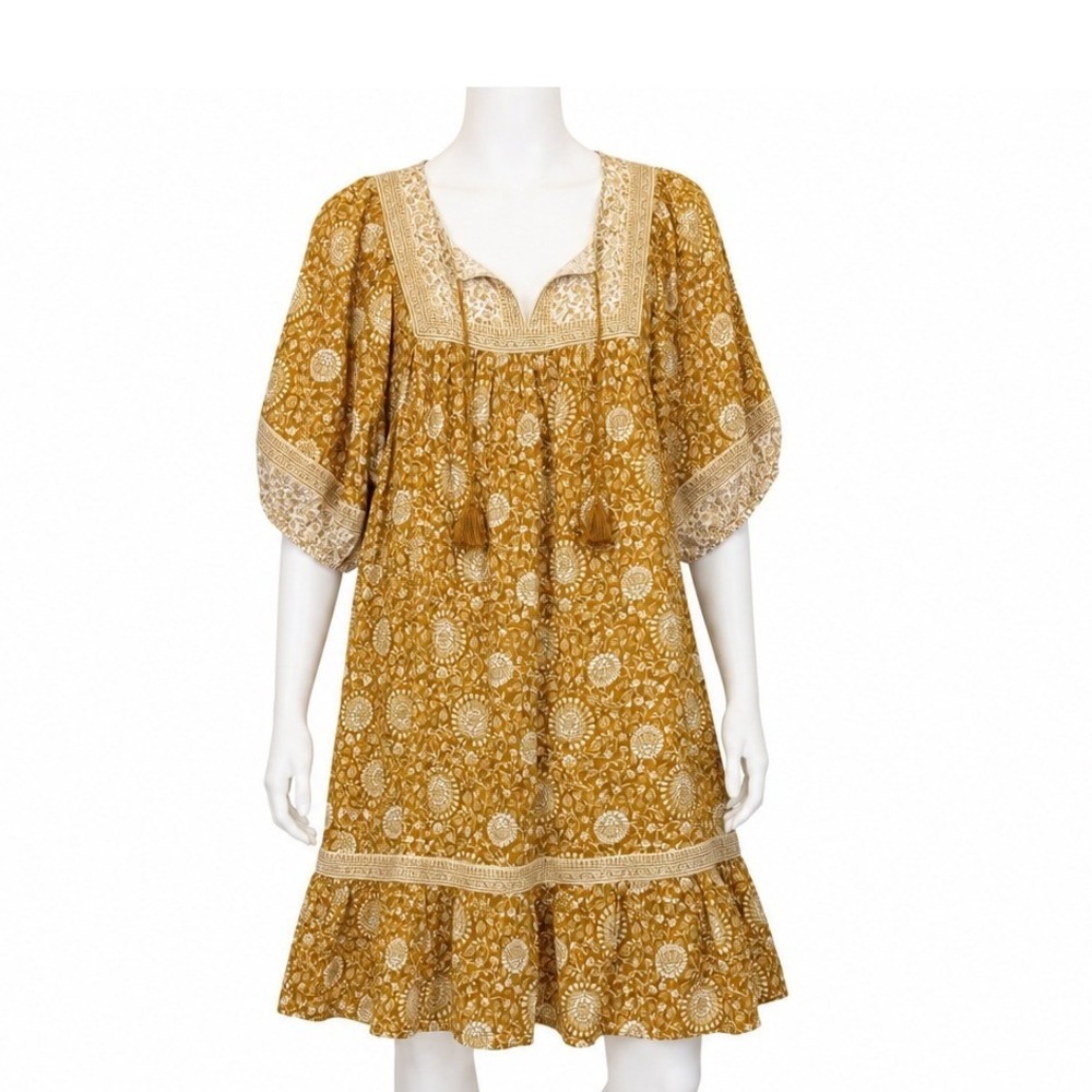 Old Navy Puff Sleeve Peasant Dress Women's Medium Mustard Boho Ren Faire Tassels